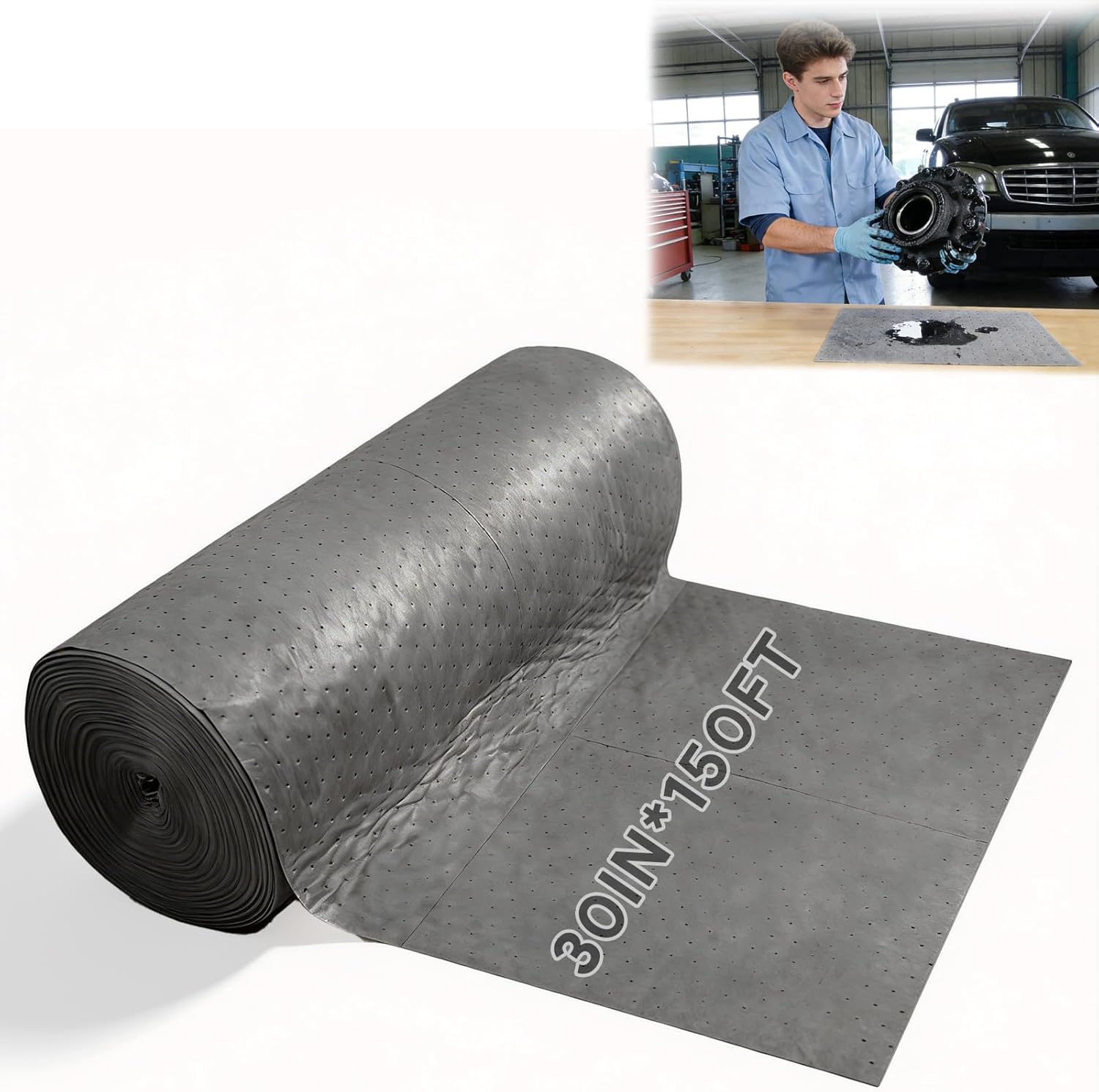 150' L x 30" W Absorbent Mat Roll, Heavyweight Oil and Watter Pads Absorbs up to 40.2 Gallons, Polypropylene Meltblown Maintenance Absorbent Bonded Roll, for Protecting Home Garage Basement