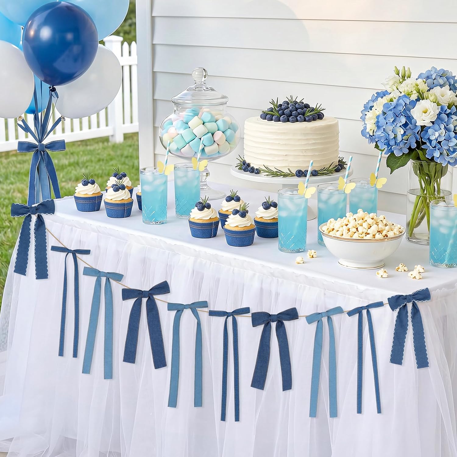 Denim Bow Garland Banner, Vintage Blue Denim Ribbon Bow Banner Hanging Garland for Jean Baby Shower, Birthday, Cowboy Western Theme Party, Denim and Diamonds Bridal Shower Bachelorette Decor Supplies