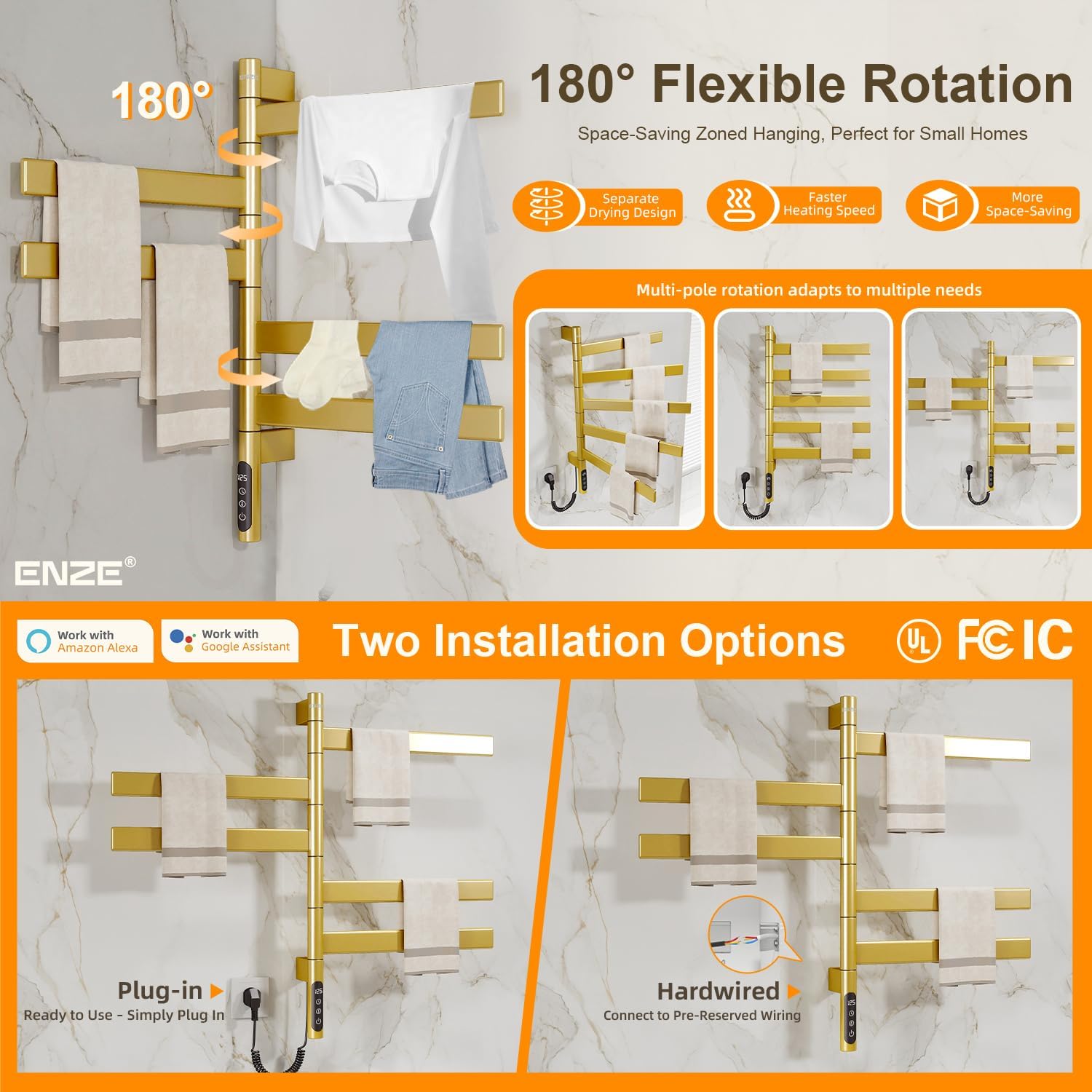 ENZE Smart Rotating Heated Towel Rack for Bathroom, 5-Bar Wall-Mounted Electric Towel Warmer with Swivel Bars, Wi-Fi App Control, 24H Timer, Stainless Steel, IPX5, Hardwired/Plug-in, Gold