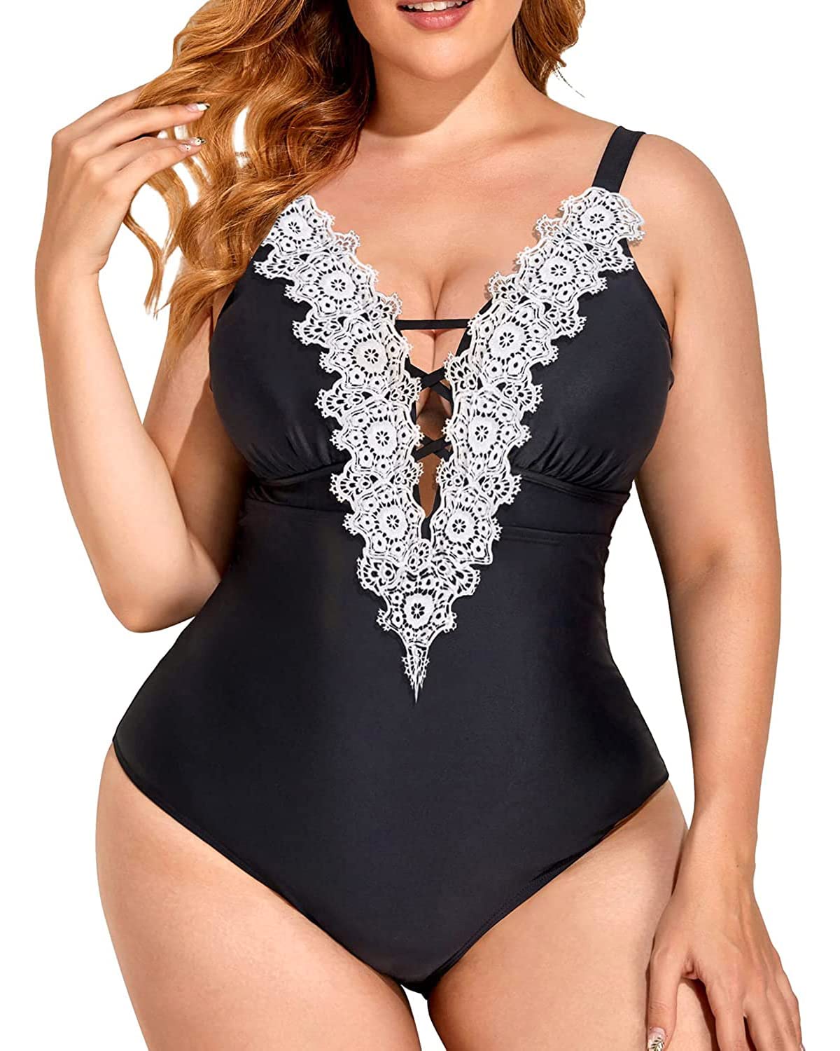 Daci Sexy Plus Size One Piece Swimsuits for WomenÂ Plunging SexyÂ Bathing SuitÂ Tummy Control Lace Up Swimwear Black 20 Plus