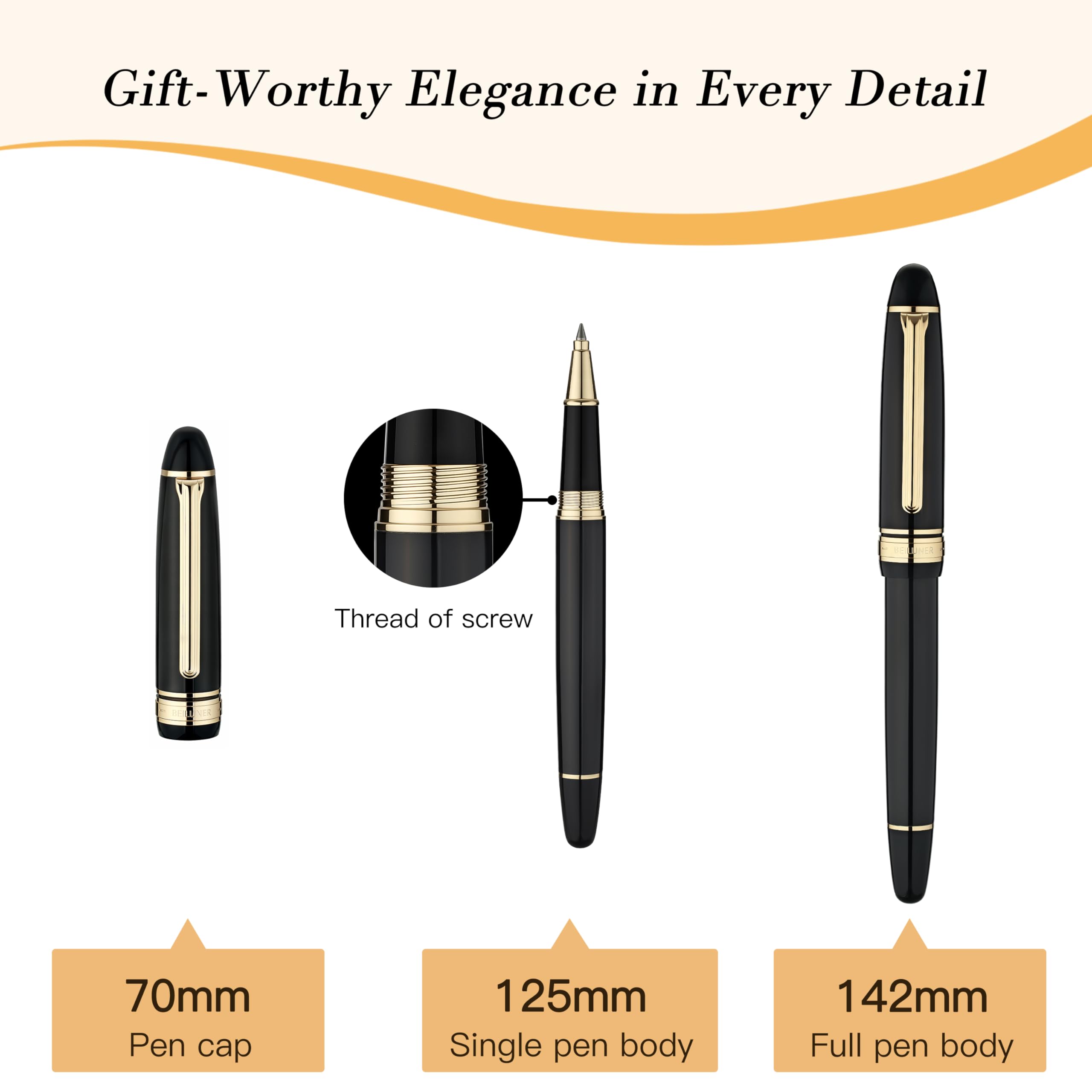 BEILUNER 319 Piano Black Lacquer Rollerball - Stunning Luxury Pen with 24K Gold Heavy Schneider Black Ink Refill — view 6