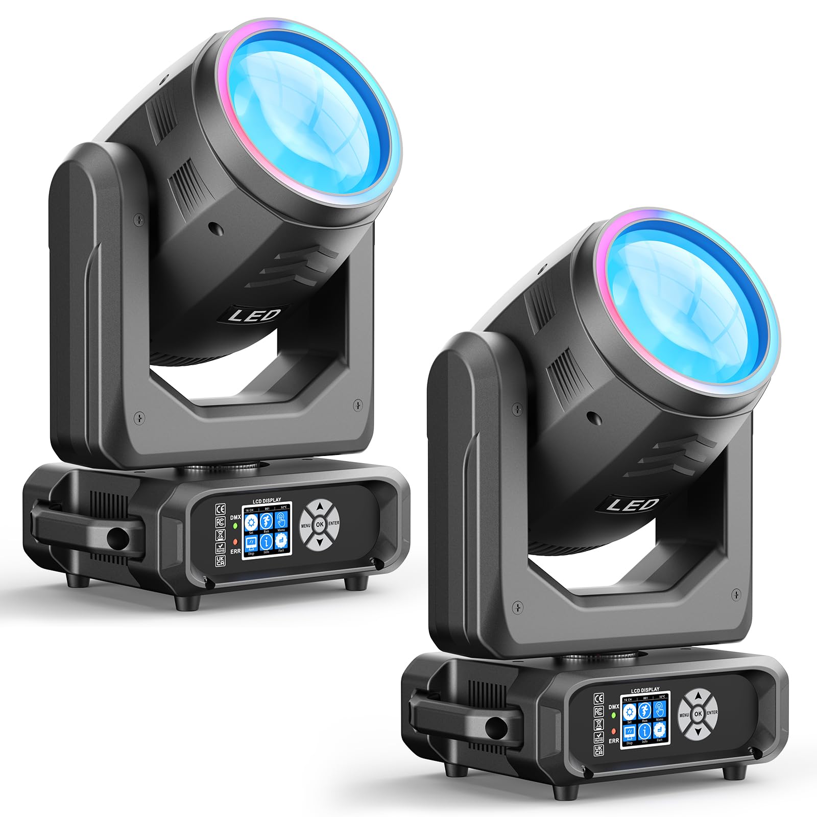 2 unités 200W Lyre LED Beam Spot Zoom, 8 gobos 18 prismes éclairage de scène DMX-512 stroboscope activé par le son, éclairage disco DJ pour fête, mariage, Halloween, Noël