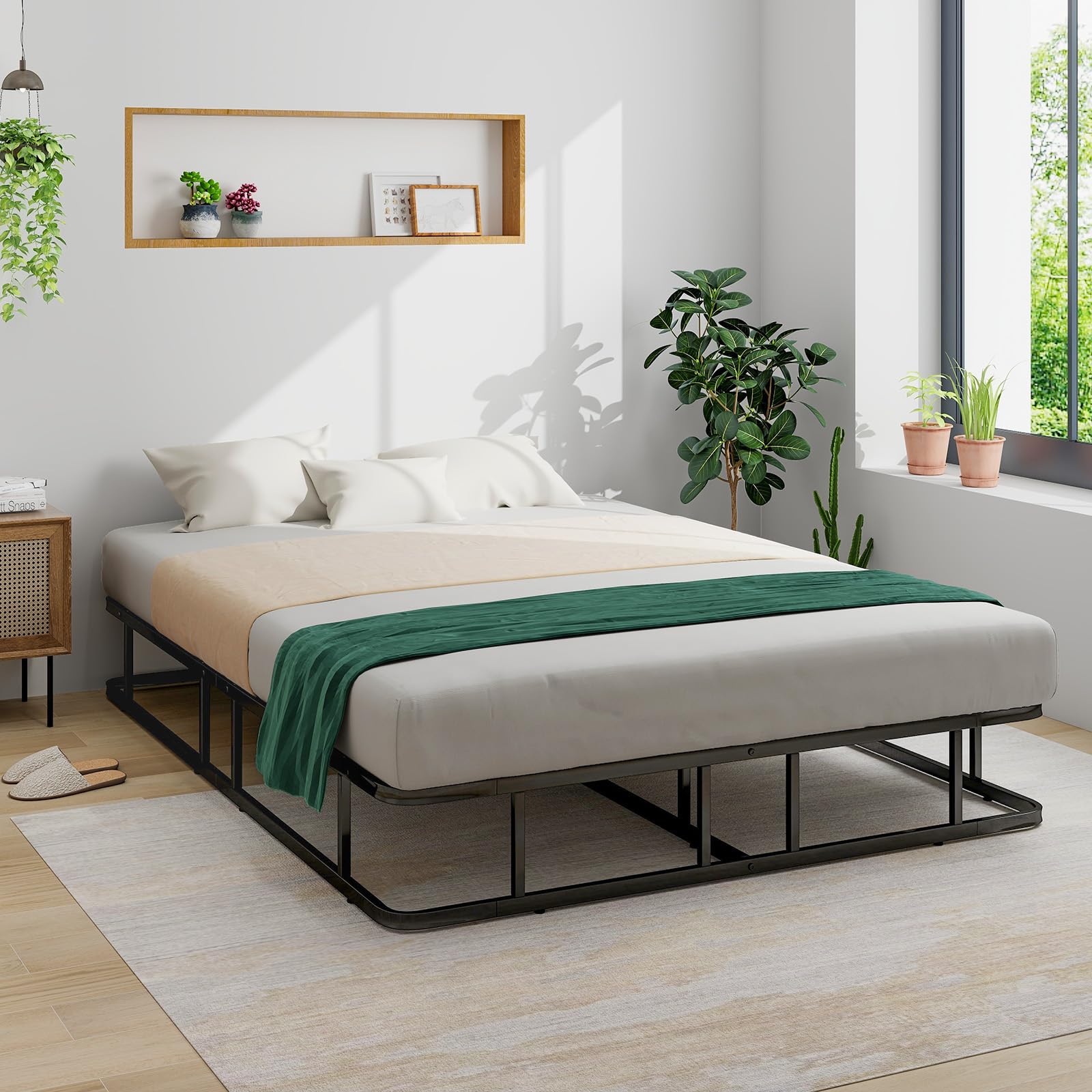 COSTWAY Bettgestell aus Metall, Metall-Bettrahmen, Plattform-Bettgestell mit Metallleistenunterstützung, Schlafzimmerbett Keine Boxspring erforderlich, Schwarz 200 x 140 x 26 cm