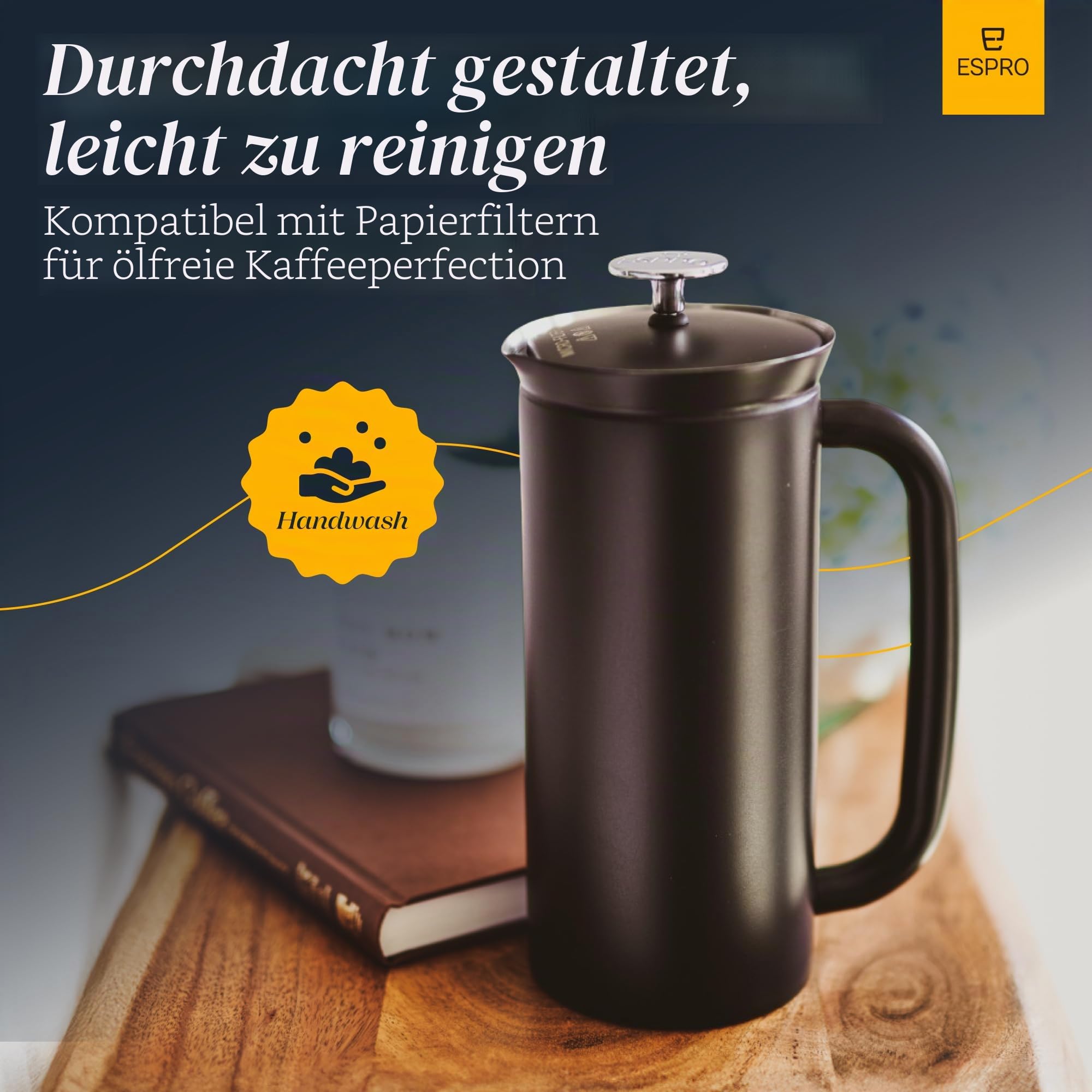 ESPRO P7 French Press Kaffeebereiter – Doppelwandig isoliert aus Edelstahl mit Mikrofilter, 530 ml, Mattschwarz