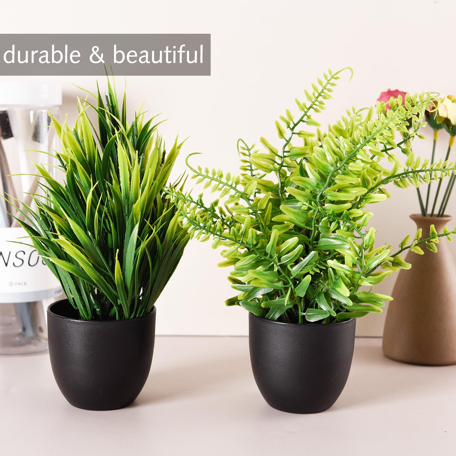 4 Plantes Artificielles En Pot - 23 Cm, Plastique Résistant UV - Déco Bureau, Maison, Balcon, Sans Entretien - 2