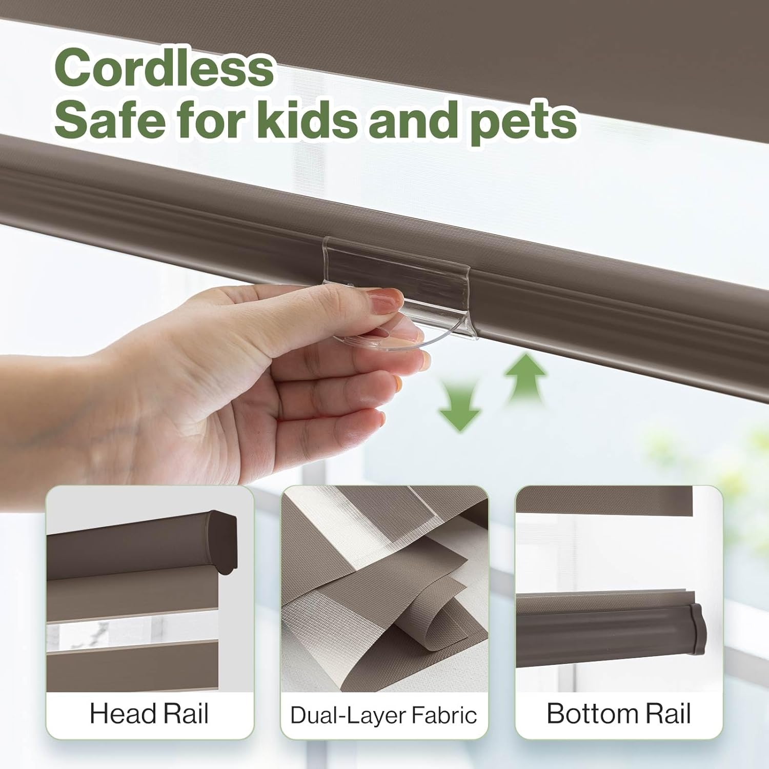 Cordless Zebra Blinds, Ash Custom Size, Dual Layer Roller Shades Inside Outside Light Control for Door Window