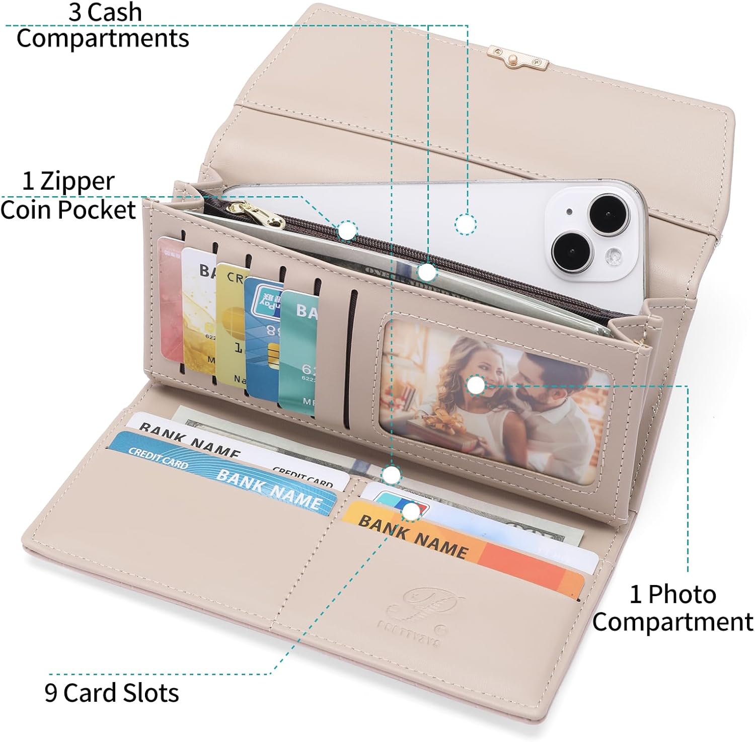 Womens Wallet Leather RFID Trifold Wallets Women Clutch Large Credit Card Holder wirh Zipper Coin Pocket - Image 2