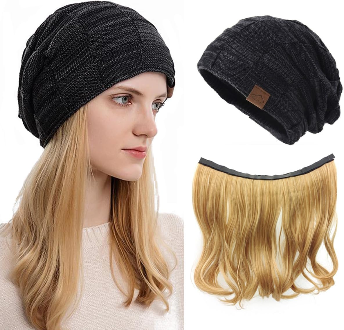 Winter Beanie Wig for Women,Hat with Hair Attached,Knit Warm Thick Skully Stocking Binie Wig