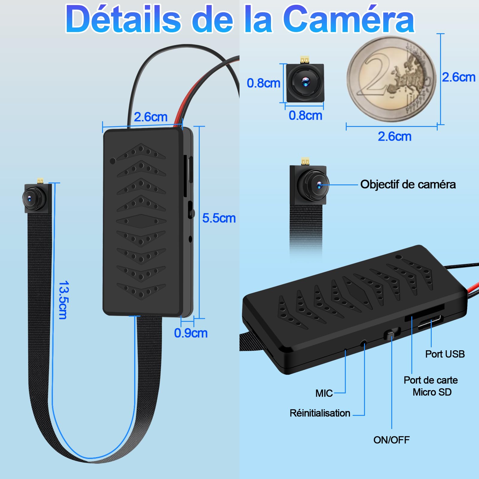 Camera Espion Mini 1080P WiFi Double Bande, Détection Mouvement | 5-6h batterie, 120° grand angle, 2.4G & 5G, enregistrement en boucle, application