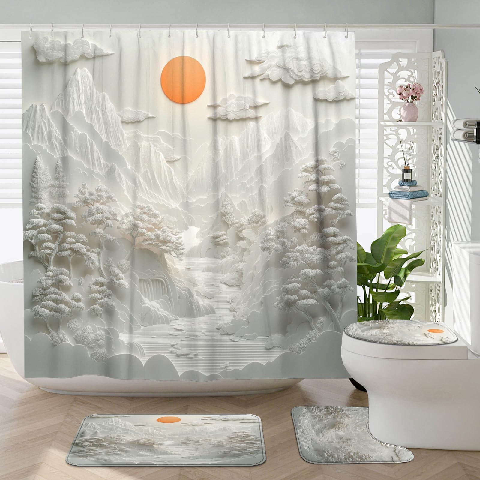 Lot de 4 rideaux de douche en forme de montagne avec tapis antidérapant, tapis en forme de U et tapis de couvercle de toilette, blanc 3D nature, ensemble d'accessoires de salle de bain, 183 x 183 cm