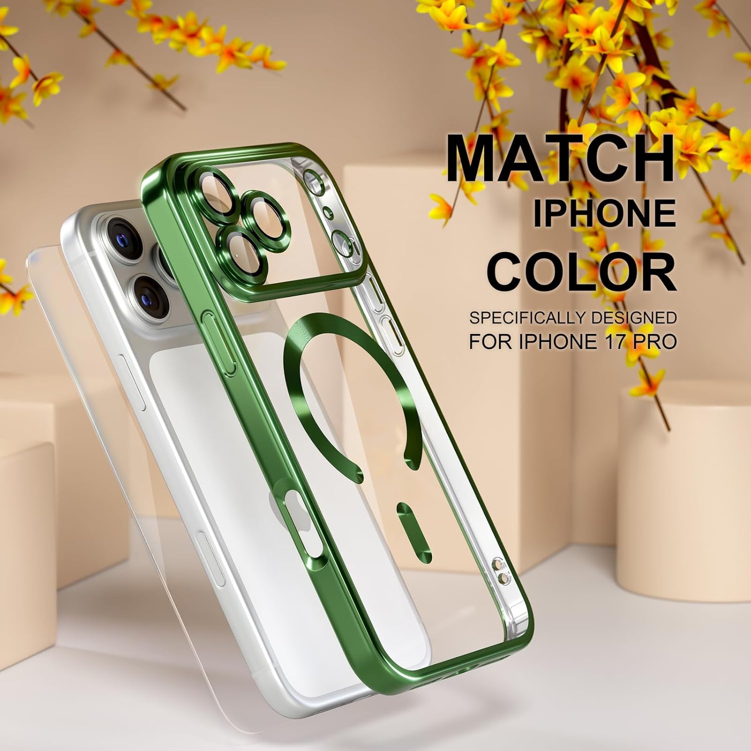 Misea Magnetic for iPhone 17 Pro Case Compatible with MagSafe [Never Yellowing] [Military Grade Drop Protection] Full Camera Lens Protector Plating Soft Clear Phone Case for Women, Green - Image 7