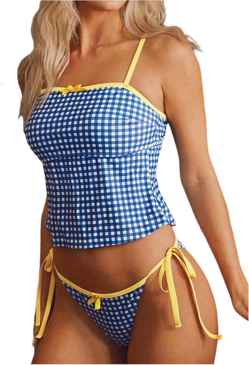 MakeMeChic Women's Plaid Gingham Tankini Swimsuits Tie Back Tummy Control Bathing Suit