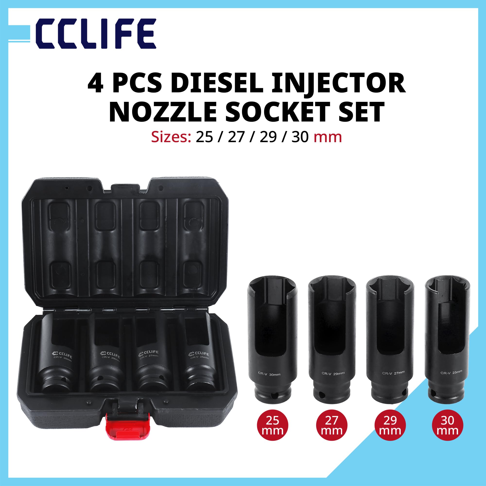 CCLIFE Dysze wtryskowe do silników diesla, zestaw 4-częściowy, 25, 27, 29, 30 mm, 1/2 cala, zestaw narzędzi do wtryskiwacza CR-V, do naprawy silnika Common Rail do naprawy samochodu, warsztatu