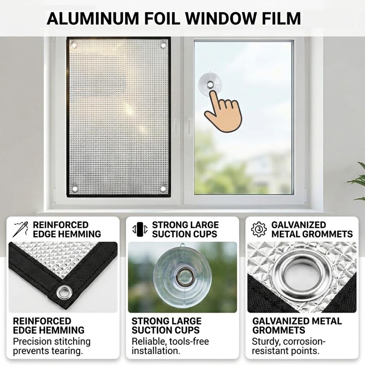 Aluminiumfolie Fensterfolie Mit Saugnäpfen, 8mm Verdunkelungsrollo Sonnenschutzfolie Fenster Innen Reflektierend Sichtschutz Thermo Für Schlafzimmer Wohnmobil Und Dachfenster(Schwarz,130x160(cm))
