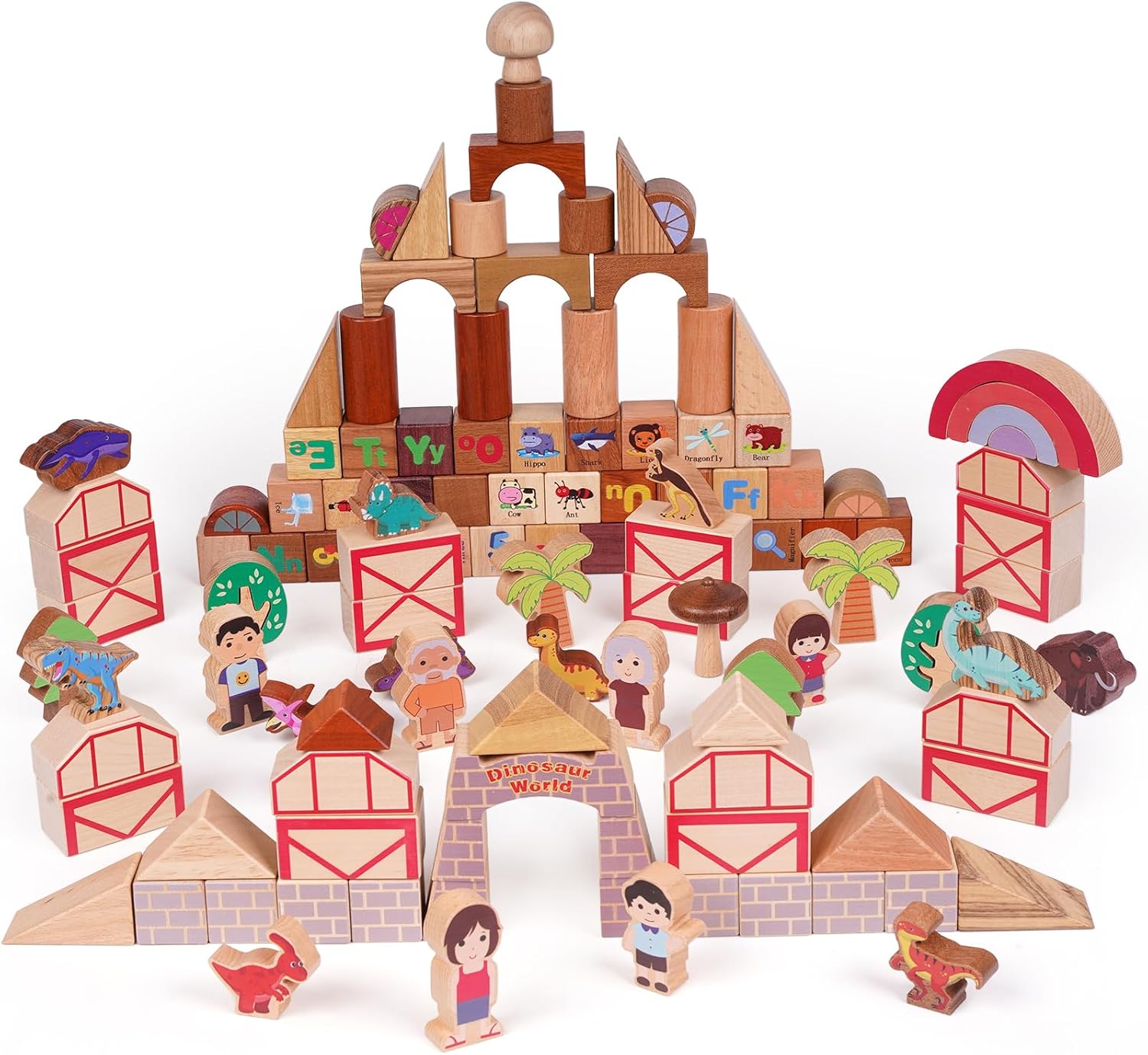 145-Piece Wooden Dinosaur Park Building Blocks Set – Montessori Educational Construction Toy Made from 10 Premium Hardwoods, STEM Learning Blocks for Toddlers & Kids Ages 3–6