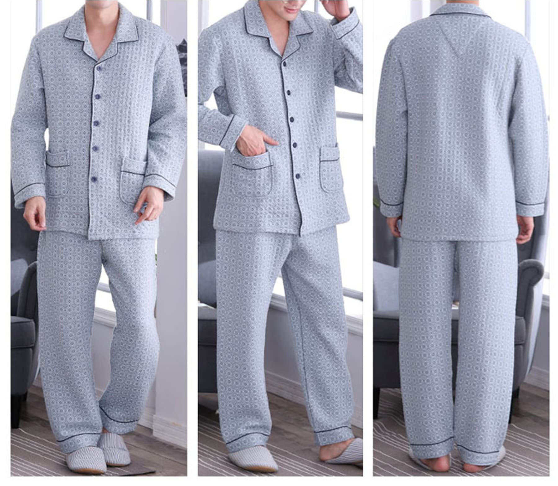Conjunto De Pijama Clásico A Cuadros para Hombre Traje Acolchado De Talla Grande Ropa De Casa De Algodón De Manga Larga Conjunto Grueso PIS De Invierno