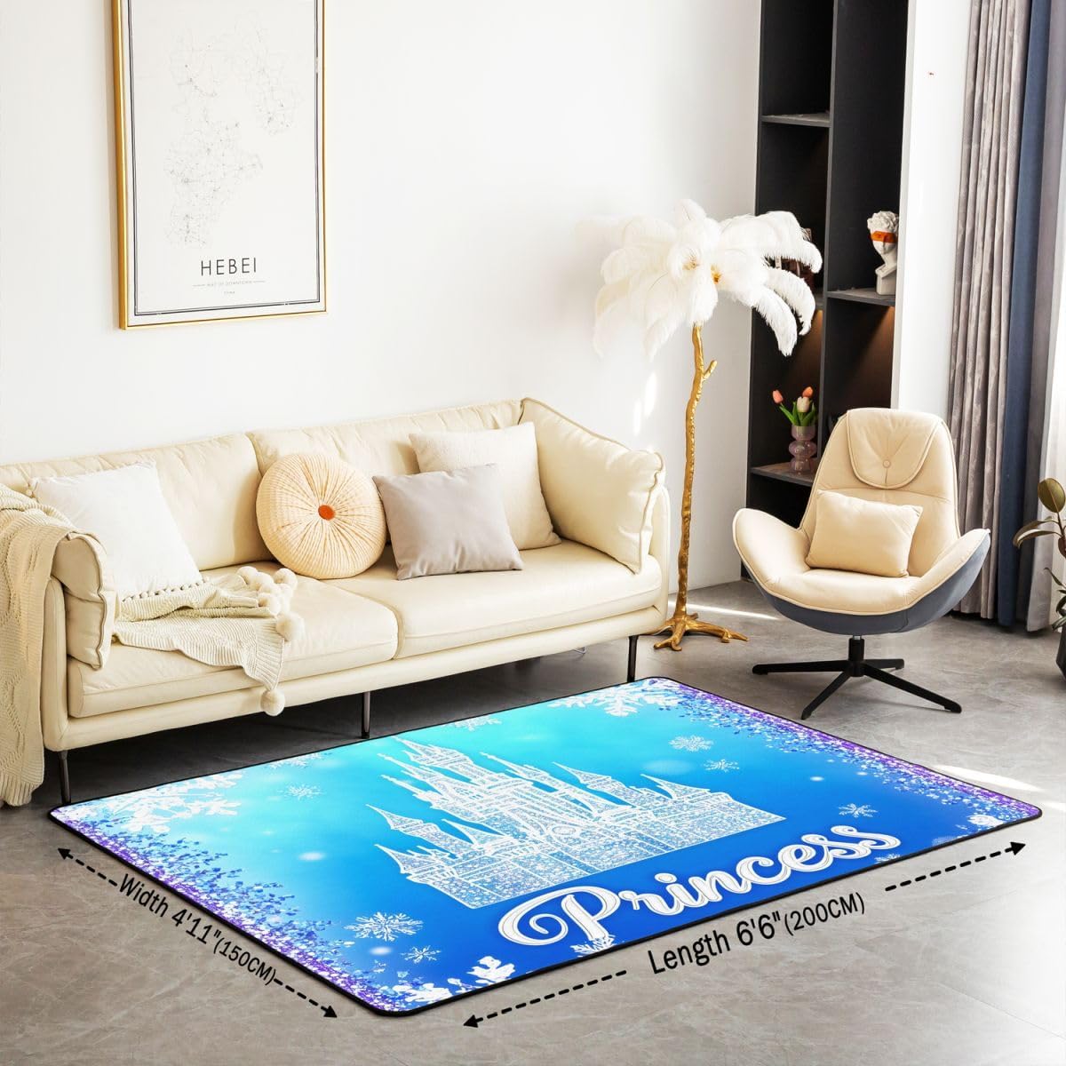 Feelyou Princess Castle Area Rug 5x7 Polyester Snowflake Castle Living Room Rugs for Bedroom Dreamy Fairy Decor Carpet Frozen Indoor Floor Mat Soft Non-Slip