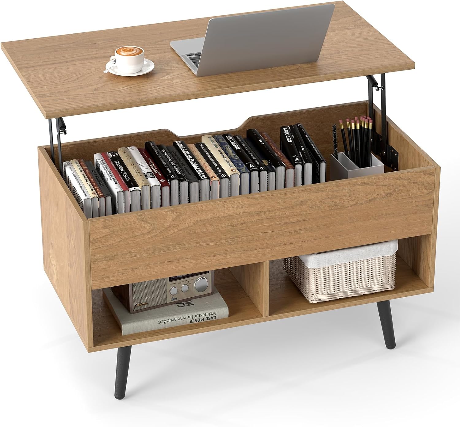 GIANTEX Mesa de Centro Elevable y Extensible, Mesa de Café de Madera con Espacio de Almacenamiento Oculto y 2 Estantes Abiertos, Mesa Auxiliar Rectangular para Salón, Oficina (Natural)