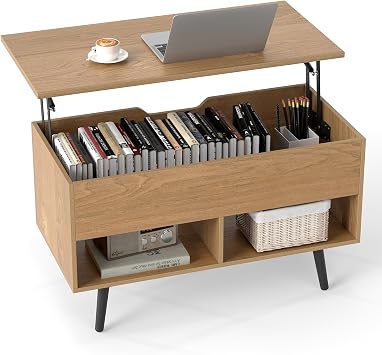 GOFLAME Lift Top Coffee Table, Modern Center Table with Hidden Storage Compartment & 2 Open Shelves, Wooden Pull Up Flip Top Tea Table for Living Room, Reception Room, Home Office Natural