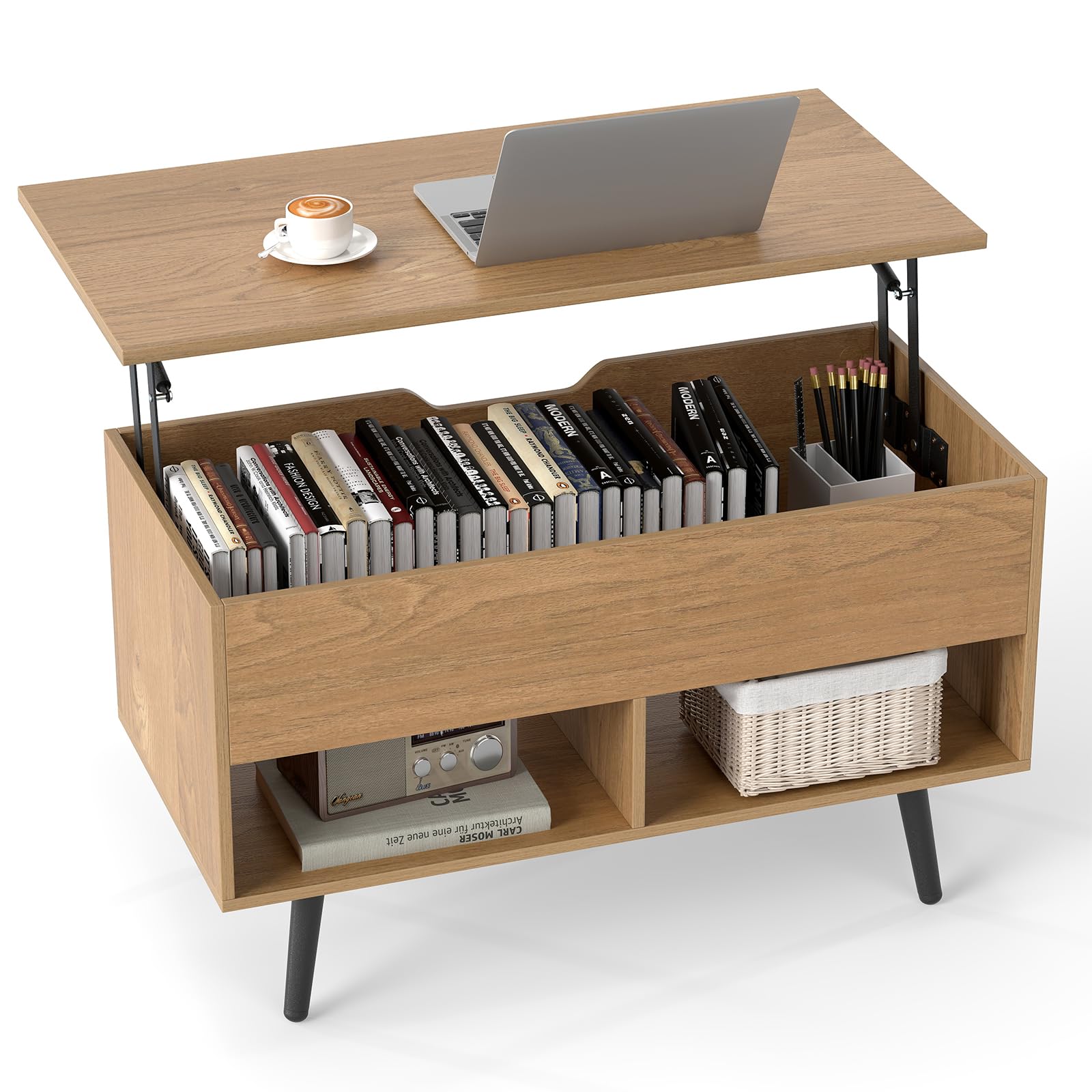 GIANTEX Tavolino da caffè con piano regolabile in altezza, tavolino da caffè con vano portaoggetti e 2 ripiani aperti, allungabile, con sollevatore a molla, tavolino da tè moderno, 80 x 40 x 46/60 cm