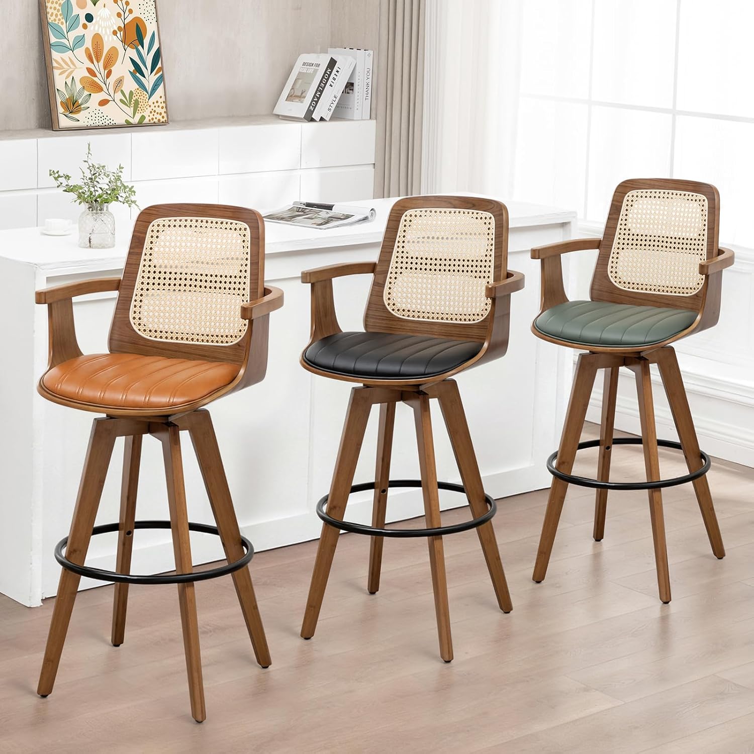 WUPOTO Counter Height Stools Set of 2, 26.3" Seat Height 360° Swivel Stools with Ergonomic Rattan Back, Faux Leather Seat, Bamboo Legs with Walnut Finish, Mid-Century Style (Cream)