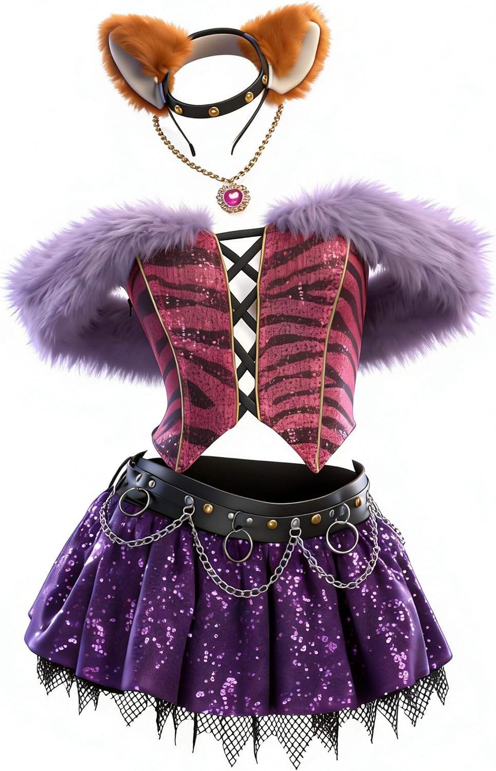 MEOWCOS Wolf-Style Cosplay Outfit Set Gothic Crop Top Mini Skirt Set with Choker Necklace Headband Belt Gloves