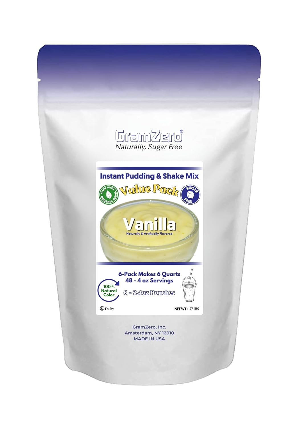 GramZero Natural Color VANILLA Sugar Free Pudding Mix 6-Pack, Great For Nutrition Club Meal Replacement Shakes, Low Calorie Dessert, Stevia Sweetened