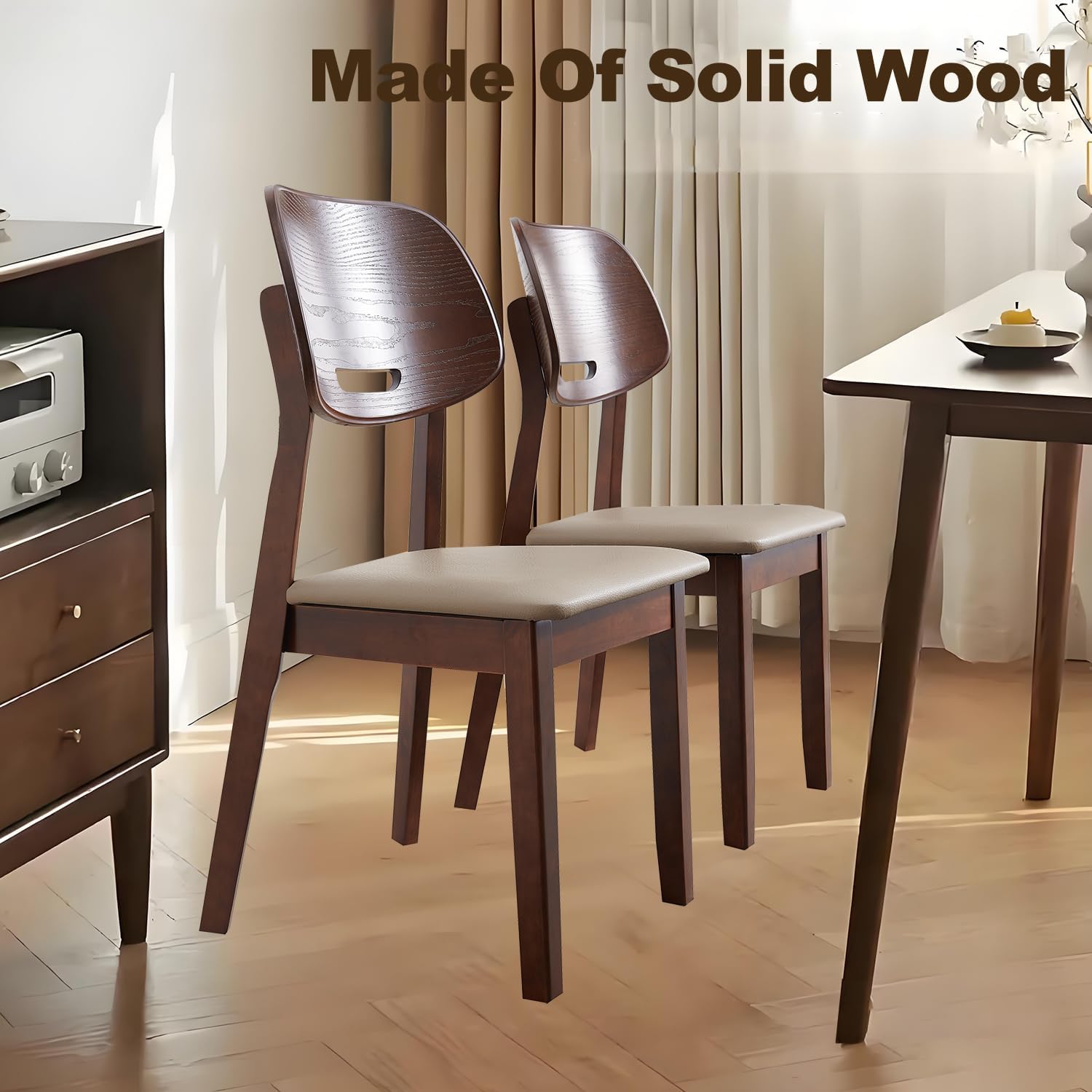 Solid Wood Dining Chairs Set of 2, Upholstered Modern Dining Table Chairs, Mid Century Kitchen Chair with Curved Backrest, for Farmhouse, Restaurant, Café (Walnut Color)