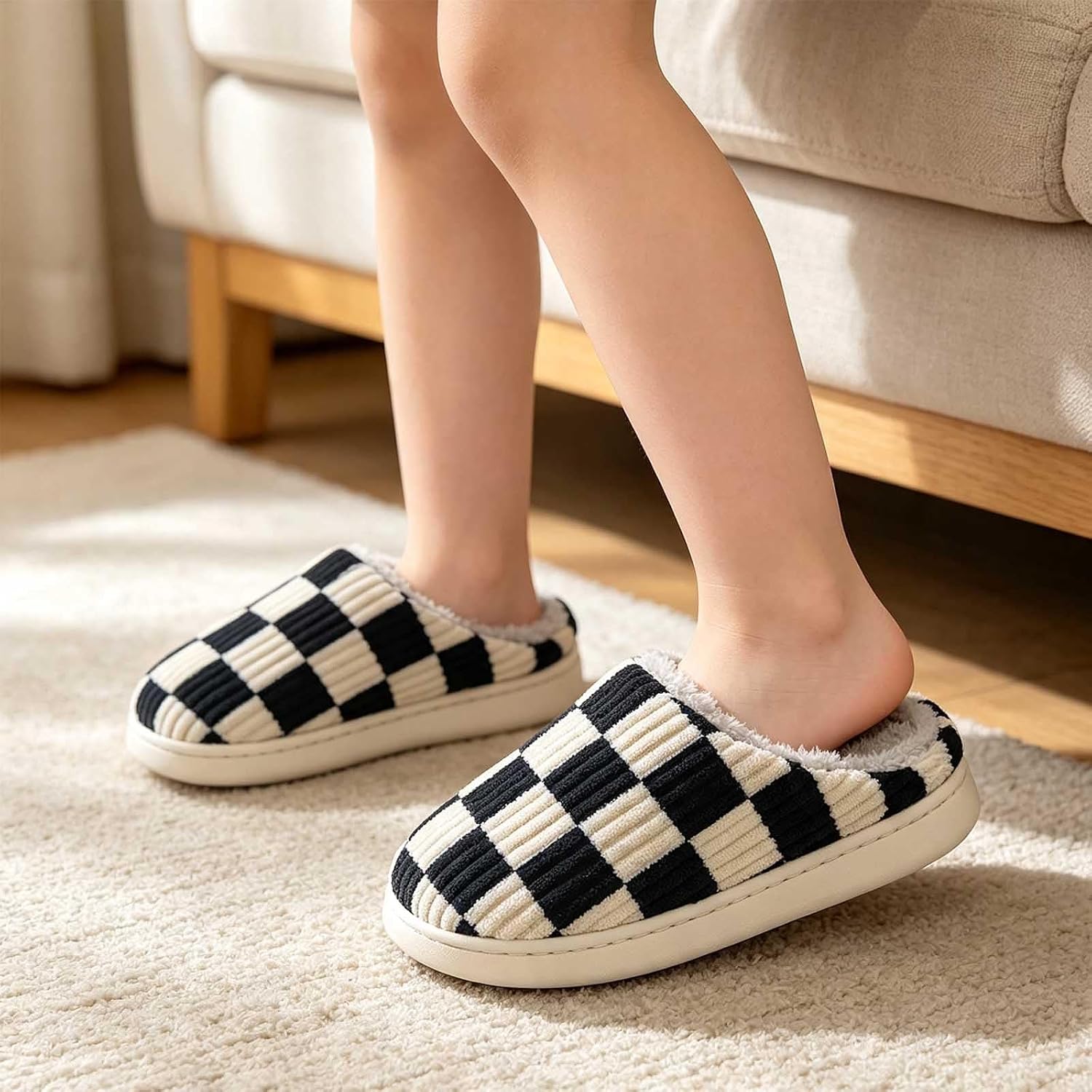 Kids Checkered Slippers for Girls and Boys, Cozy Corduroy Fuzzy House Shoes with Warm Fleece Lining, Soft Memory Foam Indoor Slip on Bedroom Loafers for Toddler Little Big Kid