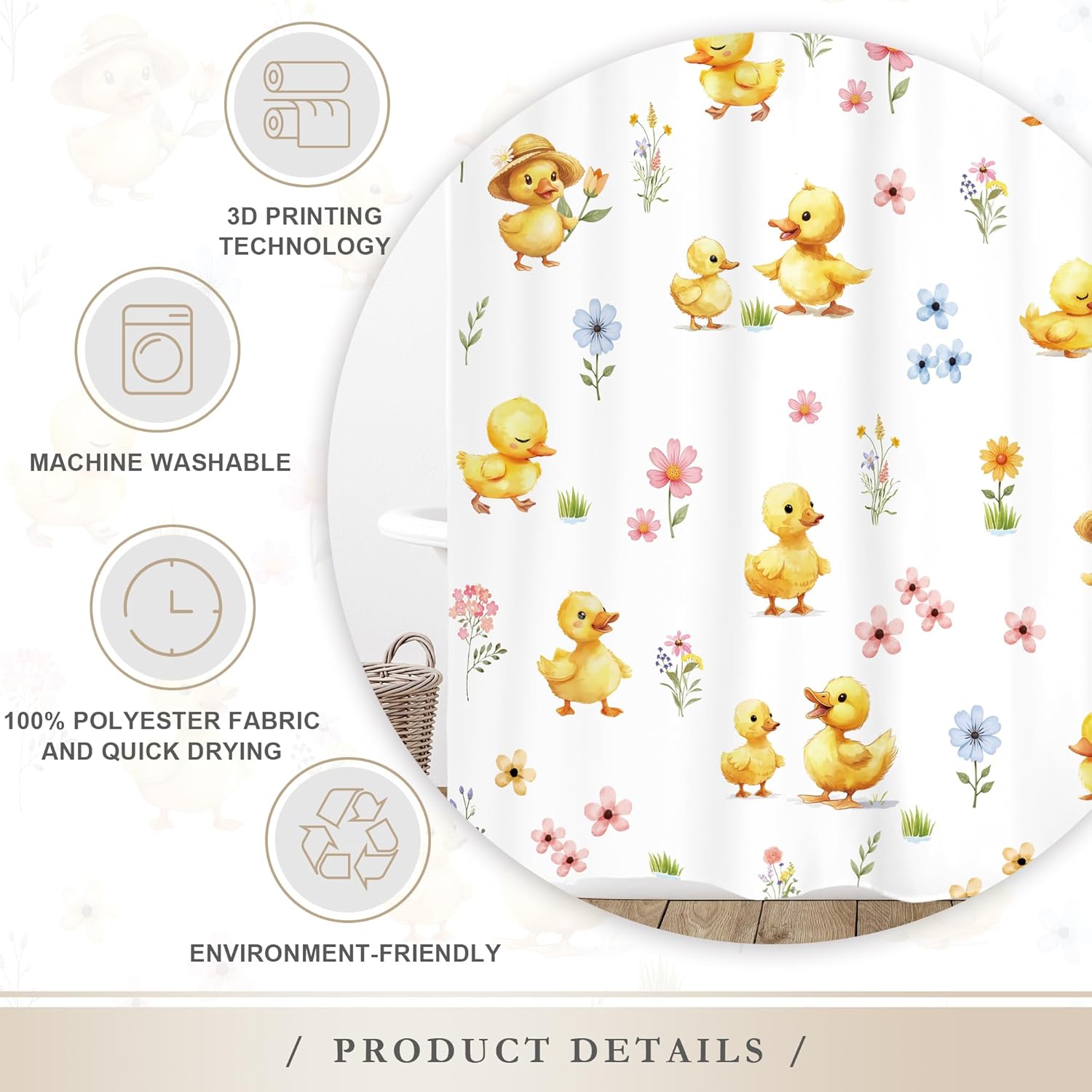 Glawry Funny Yellow Duck Shower Curtain Cute Animal Cartoon Lovely Plant Floral Toddler Teens Nursery Bathroom 60Wx72L Inches Bath Accessories Art Home Decor Fabric 12 Pack Hook