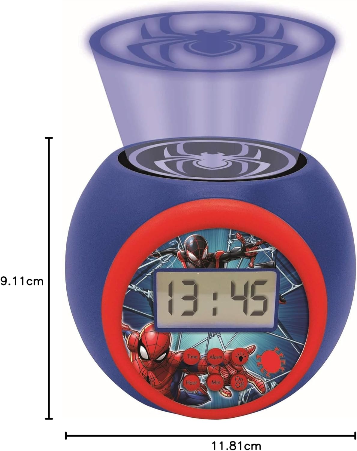 LEXIBOOK - Marvel Spider-Man Projector Alarm Clock with Snooze Function and Alarm Function, Night Light with Timer, LCD Screen, Battery Operated, Blue/Red, RL977SP