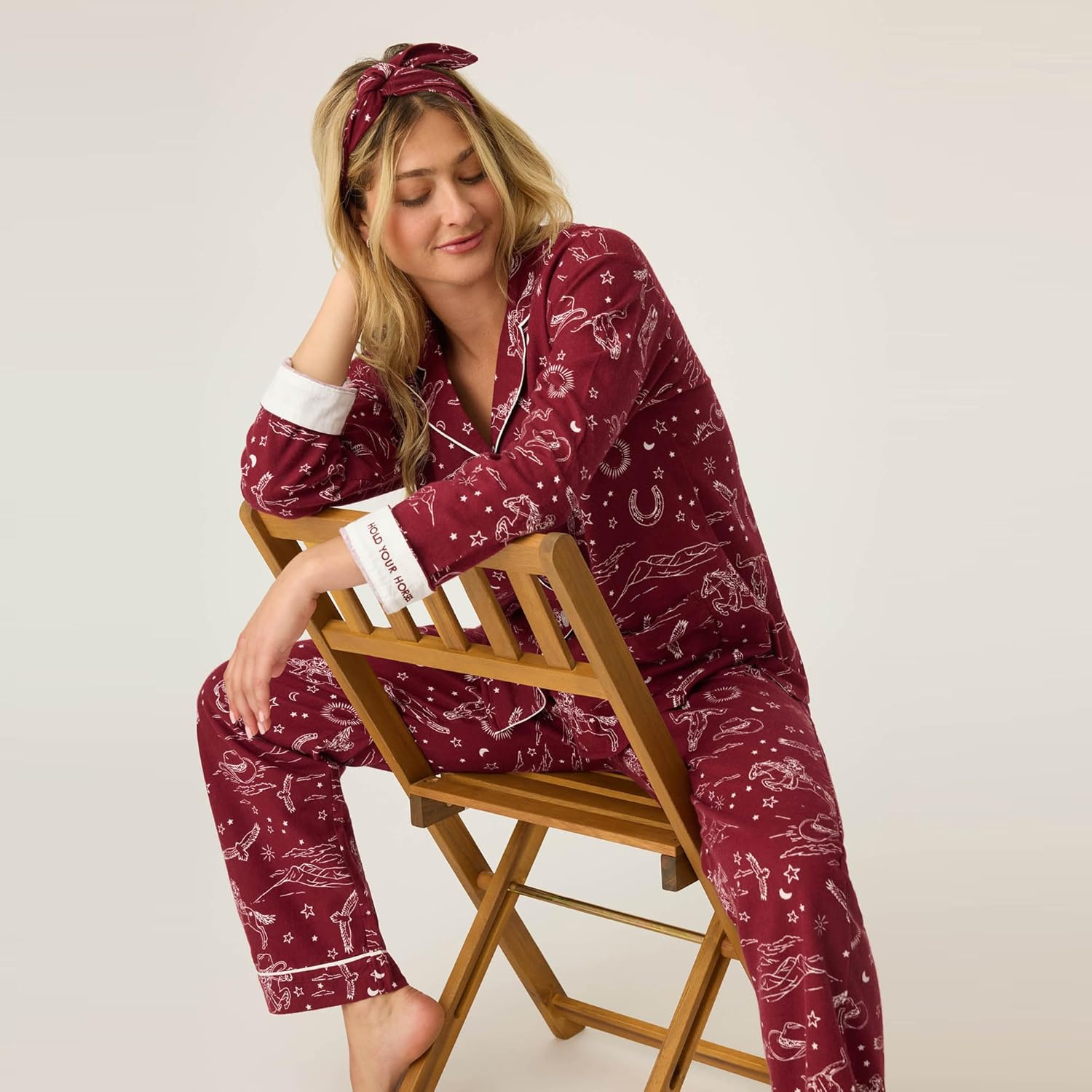PJ Salvage womens Cotton Flannel Long-sleeve Top, Pant and Headband 3-piece Pajama Set - Image 6