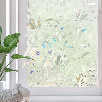 Window Privacy Film, 3D Rainbow Decorative Stained Glass Windows Film, Sun Blocking Window Clings, Static Cling Frosted Glass Windows Sticker Door Covering for Home Tulip, 17.5" x 78.7"