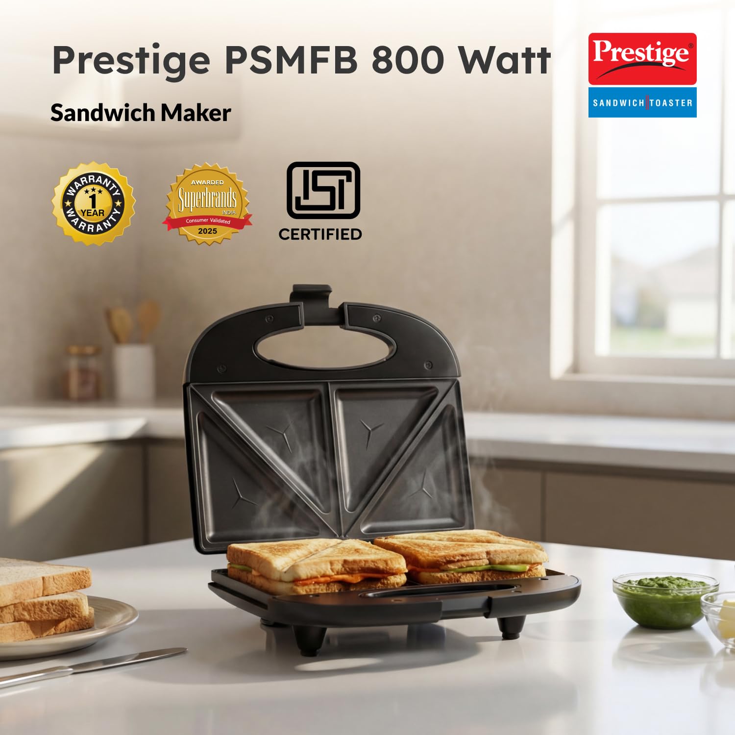 Prestige PSMFB 800 W Sandwich Toaster with sandwich plates|Makes multi-layered sandwiches|Black|1 year warranty