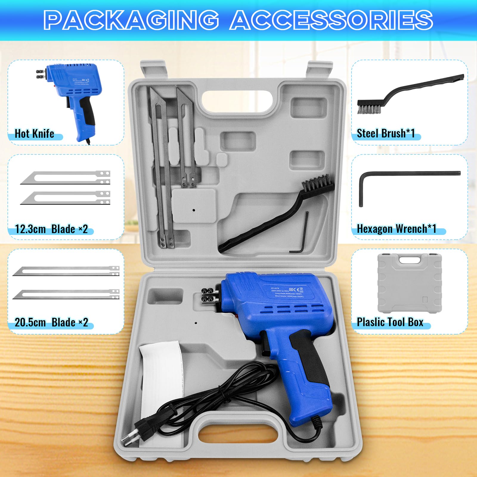 Couteau Électrique,Coupe Polystyrène avec 4 Lames Droites,Machine de Découpe de Mousse,Couteau Chauffant Électrique Kit pour Panneau EPS, Éponge,Sangle,Caoutchouc,Corde Tissu Mousse Plastique