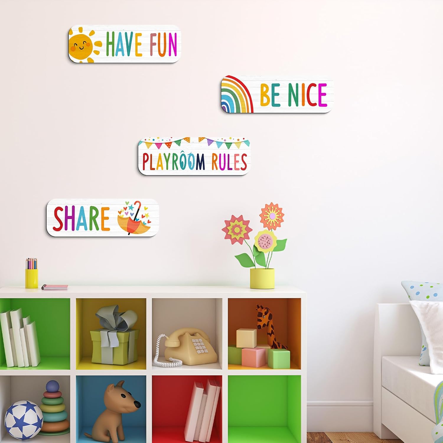 4 Pcs Playroom Sign Kids Playroom Wall Decor Playroom Rules Quotes Sign Be Nice Share Have Fun Wooden Hanging Wall Art Colorful Art Wall Plaque Playroom Decor for Little Boys Girls Bedroom (playroom