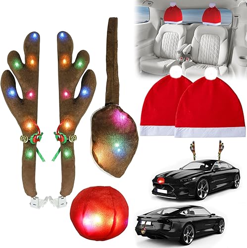 Cuernos de reno para automóviles, cuernos de reno y nariz de automóvil, kit de cuernos de reno de Navidad con luz LED de color, decoraciones de