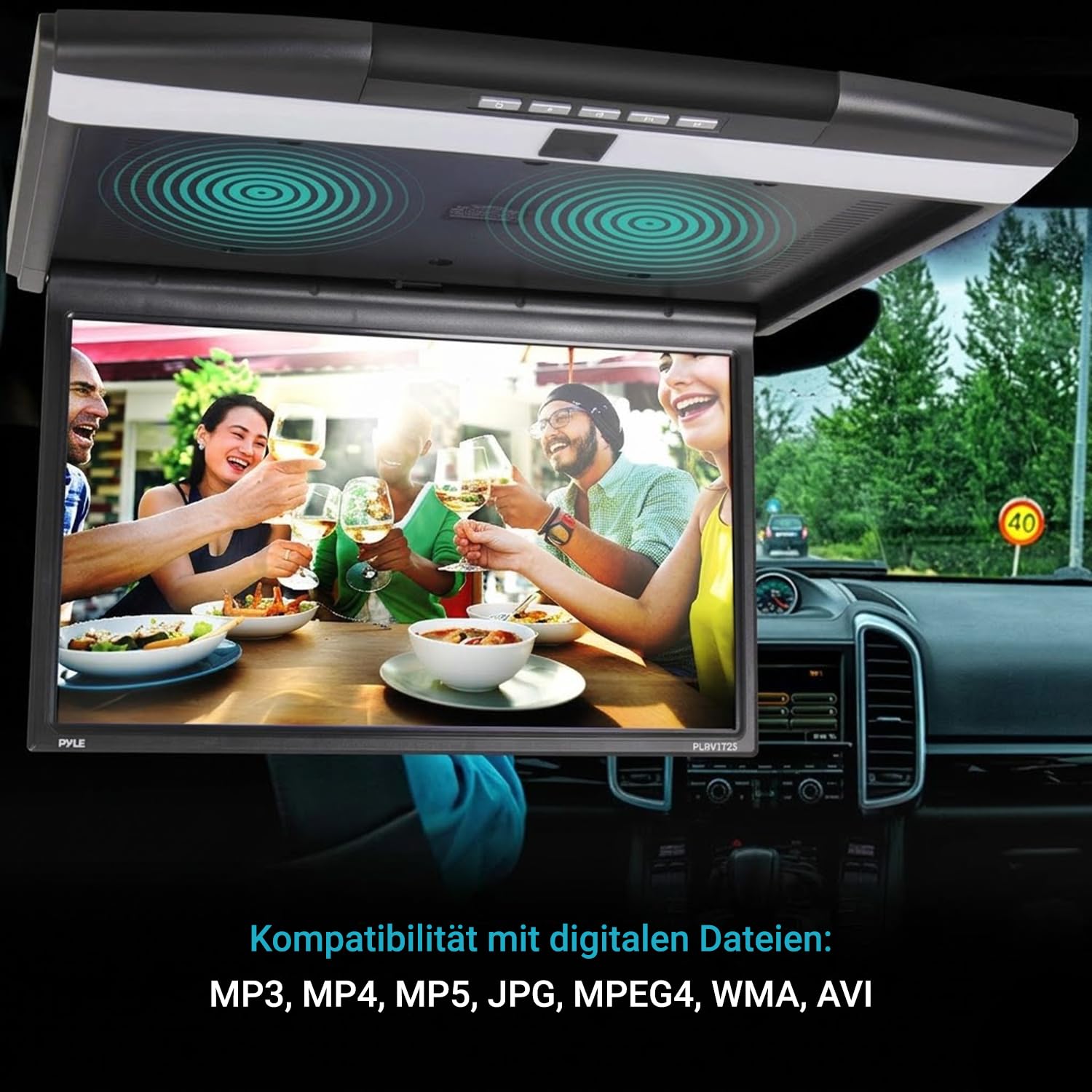 Pyle 17,3 Zoll Auto Monitor 1080P – Dachmonitor 43,9 cm mit HDMI, USB & Micro SD, IR & FM Transmitter, Full HD Fahrzeug Bildschirm