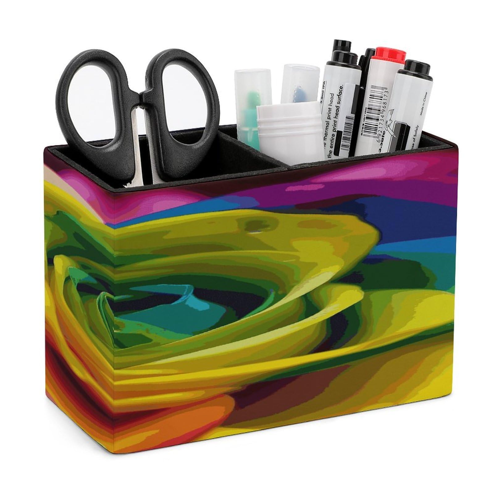 LDGSUPH Rainbow Flower Leather Pen Holder for Desk Organizer Caddy Large Pencil Cup Multi-function Pencil Holder Makeup Brush Holders Pen Organizer for Home Office Storage Box
