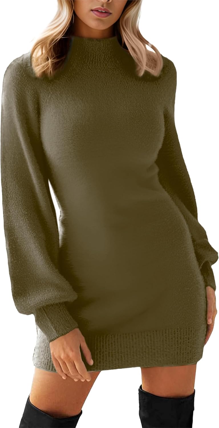 GRECERELLE 2026 Women's Mock Neck Ribbed Long Sleeve Bodycon Pullover Cute Mini Sweater Dress (XS-2XL)