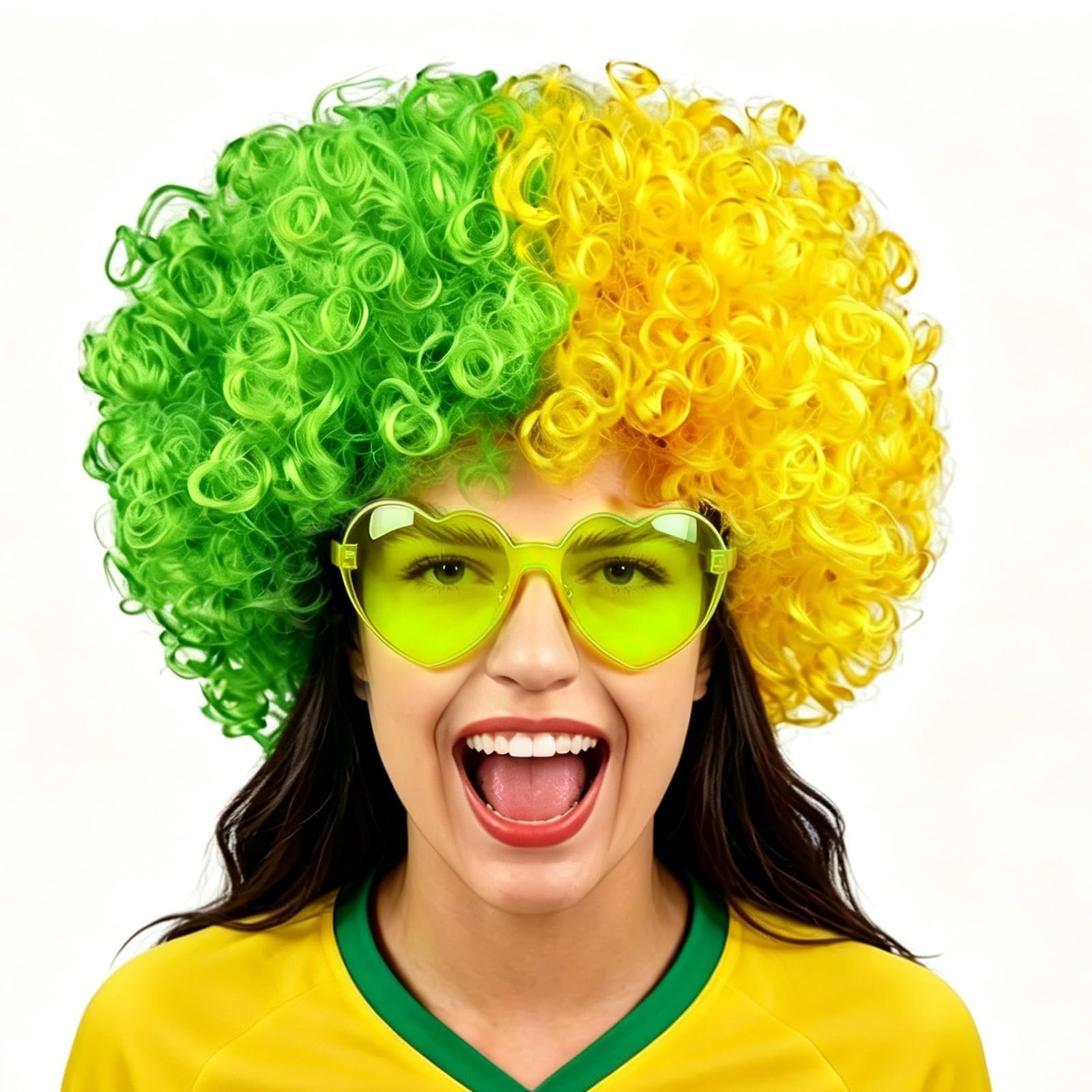 Set parrucca afro con bandiera nazionale e occhiali a forma di cuore, parrucche colorate al neon, costumi per cosplay, accessori per feste a tema Mondiali 2026 (Green Yellow)