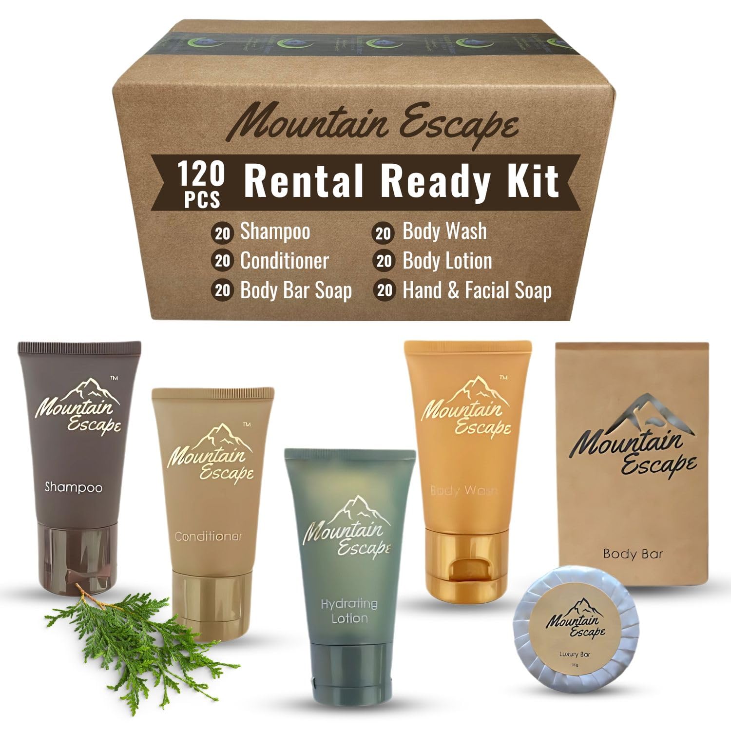 Mountain Escape - Premium Hotel Soaps & Toiletries Bulk Set with 1oz Travel Size Shampoo and Conditioner, Body Wash, Lotion, and 2 guest Soaps - Rental Ready Amenities Kit (120 Pieces)