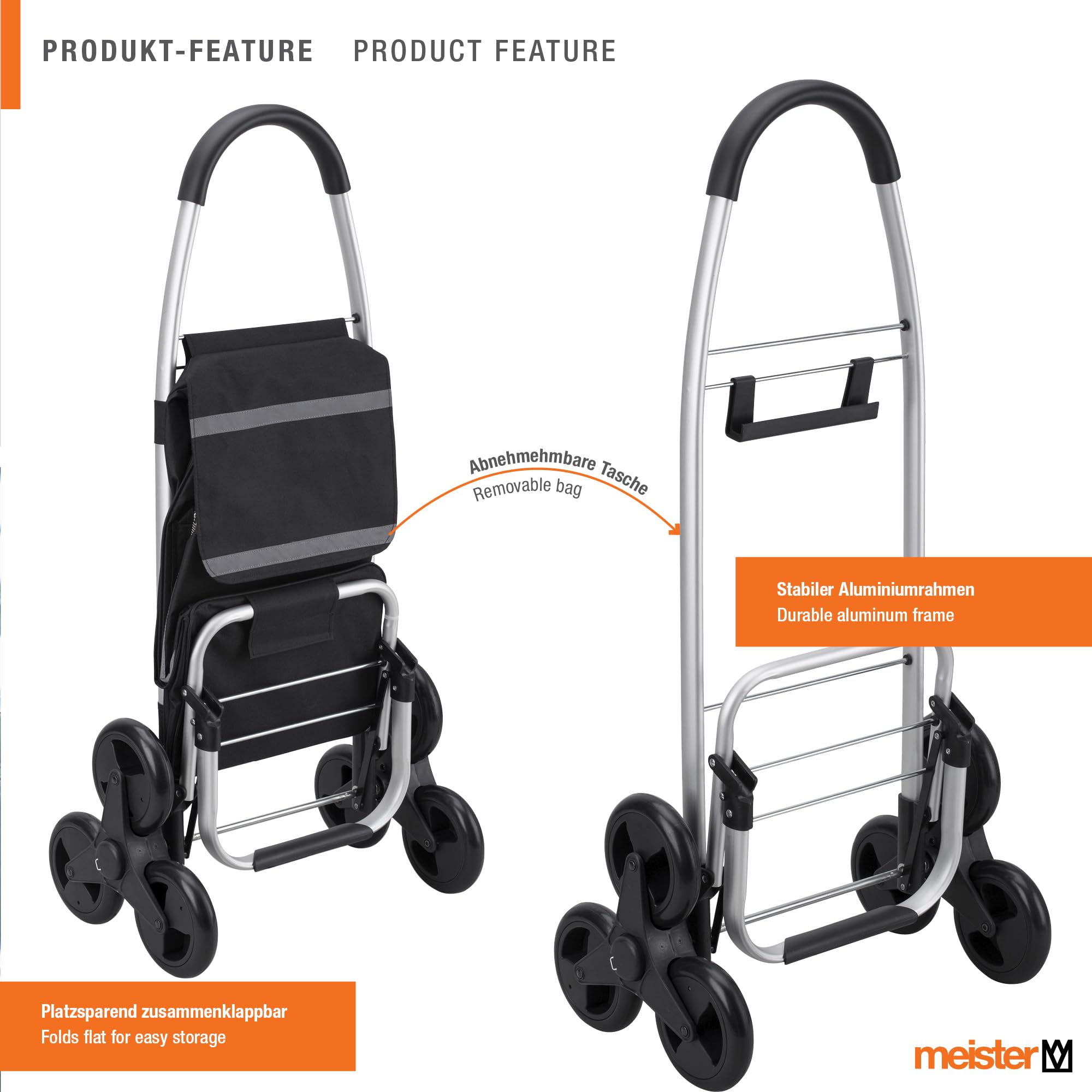 Meister - Carrito de la compra, 54 L, con compartimento refrigerador, bolsa extraíble y resistente a la lluvia, colgador para el carro de la compra, carrito plegable, 6816810