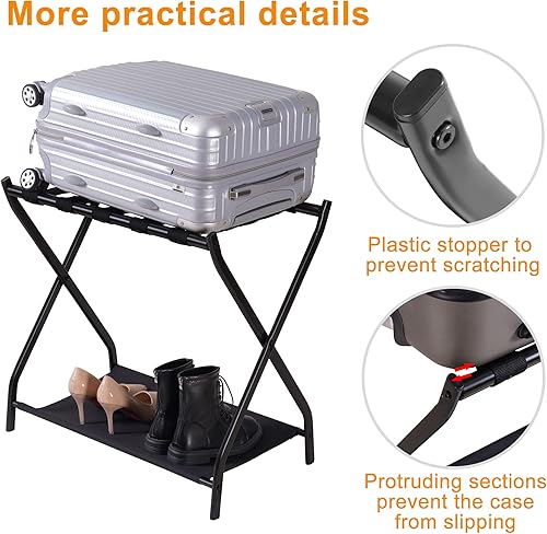 Miniatura 7 de Heybly Portaequipajes, paquete de 2, soporte plegable de acero para maleta con estante de almacenamiento para habitación de invitados, dormitorio,