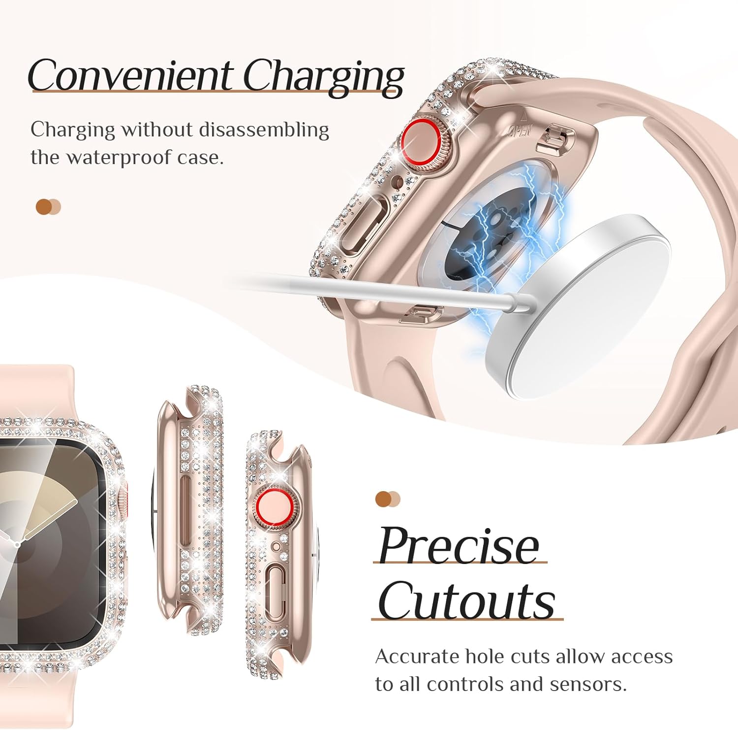 Goton 2 in 1 Bling Waterproof Case & Glitter Thin Band Compatible with Apple Watch 45mm Series 9/8/7, Women Silicone Strap + iWatch Screen Protector (For 45mm Only)