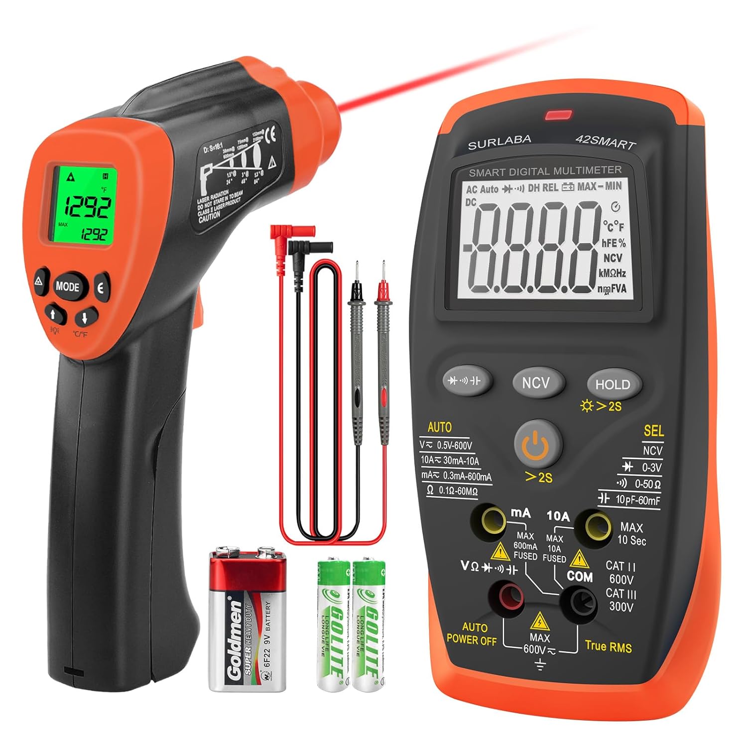 Infrared Thermometer Gun DS=16:1 Laser Thermometer Gun with Adjustable Emissivity/Max/Min Measure, (-58°F to 1292°F) and TRMS 6000 Count Digital Multimeter DC AC Multi Meter for Electricians