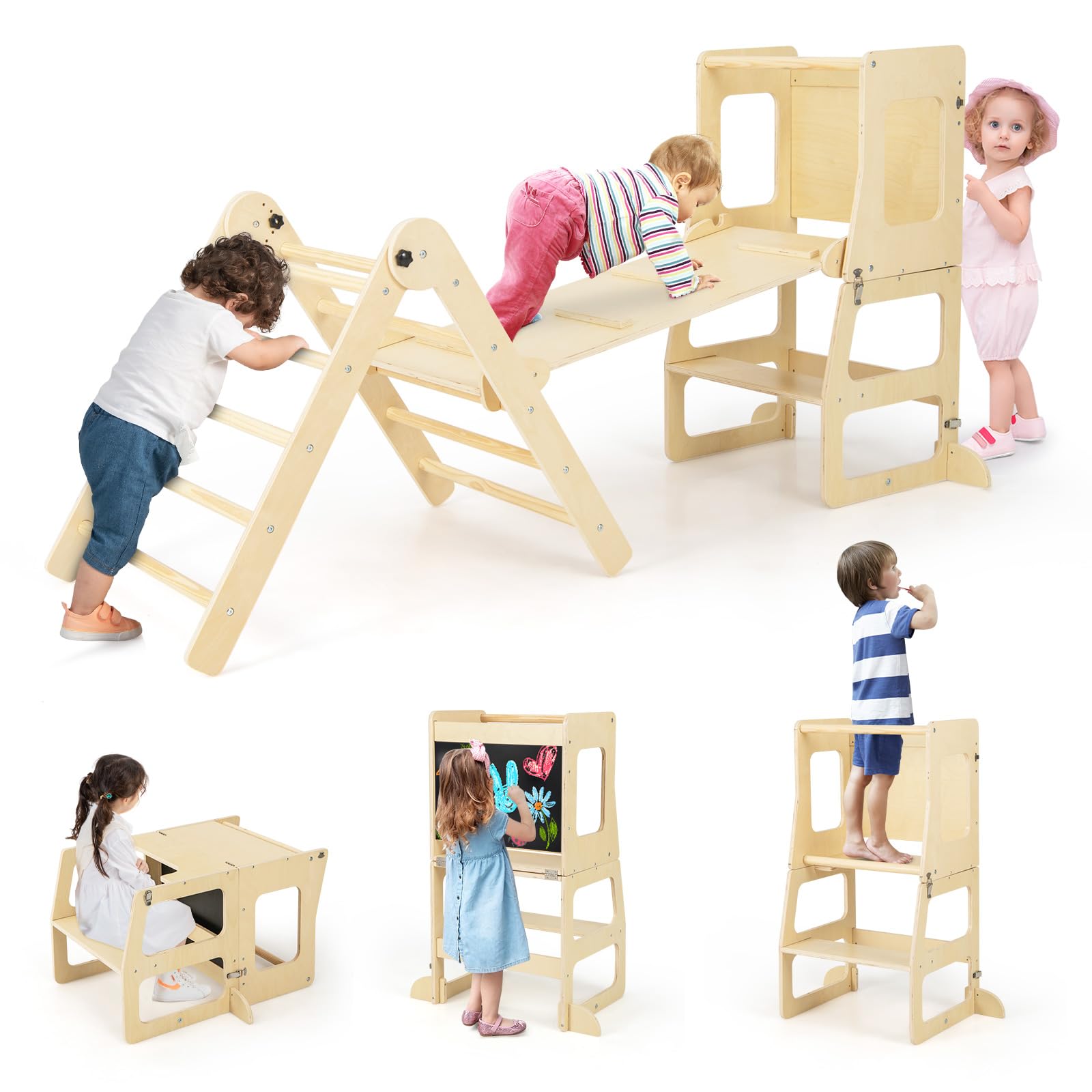 GYMAX 7 in 1 Kids Climbing Set, Indoor Toddler Climbing Frame with Reversible Ramp, Convertible Step Stool & Chalkboard, Wooden Foldable Children Climber for 3-14 Years Old Boys Girls (Natural)