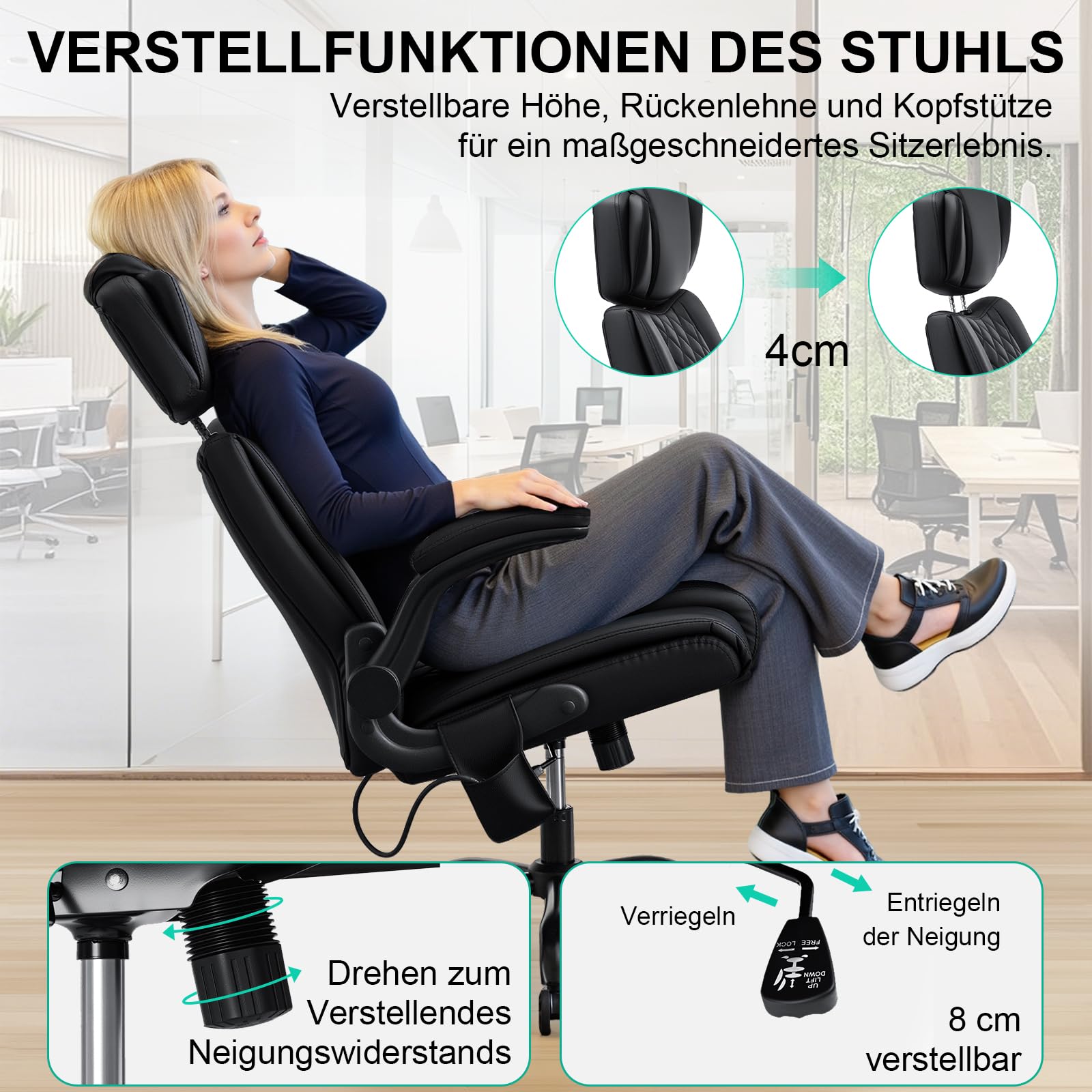 HOFFREE Bürostuhl Ergonomischer mit Lendenstütze PU-Leder Chefsessel 200kg mit Hochklappbare Armlehnen Hoher Rückenlehne Computerstuhl,Verstellbare Kopfstütze,Schwarz