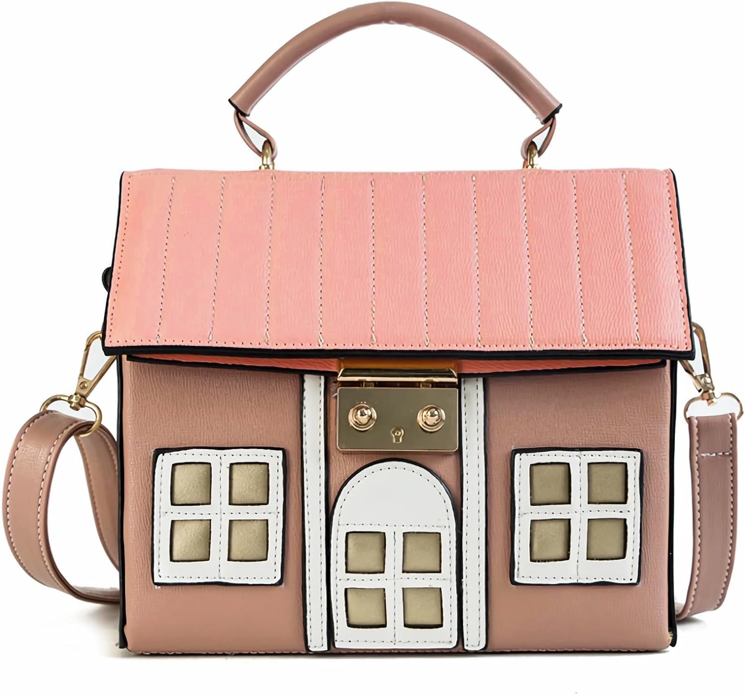 Pink House Shaped Faux Leather Crossbody Shoulder Bag