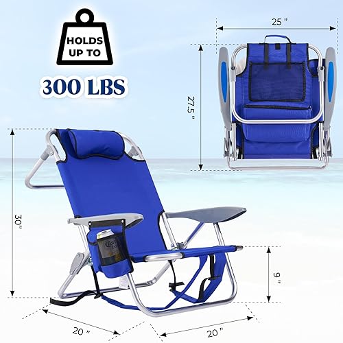 Miniatura 3 de Canpsky Silla de playa portátil para adultos, silla de camping ligera al aire libre, mochila plegable plana, silla reclinable de playa con 4